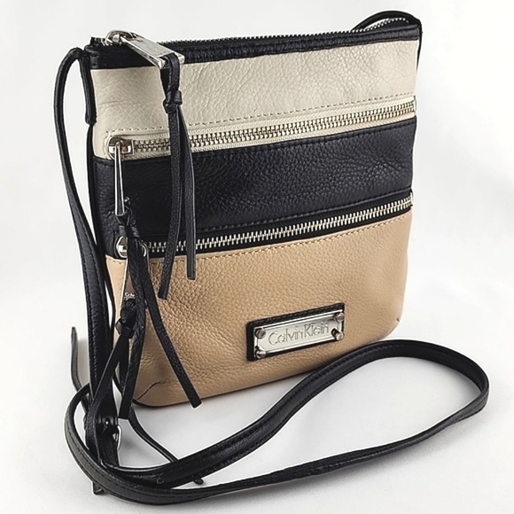 Calvin Klein Leather Crossbody Bag 3 Zip Tri Colour Tan Beige Black - Picture 1 of 15